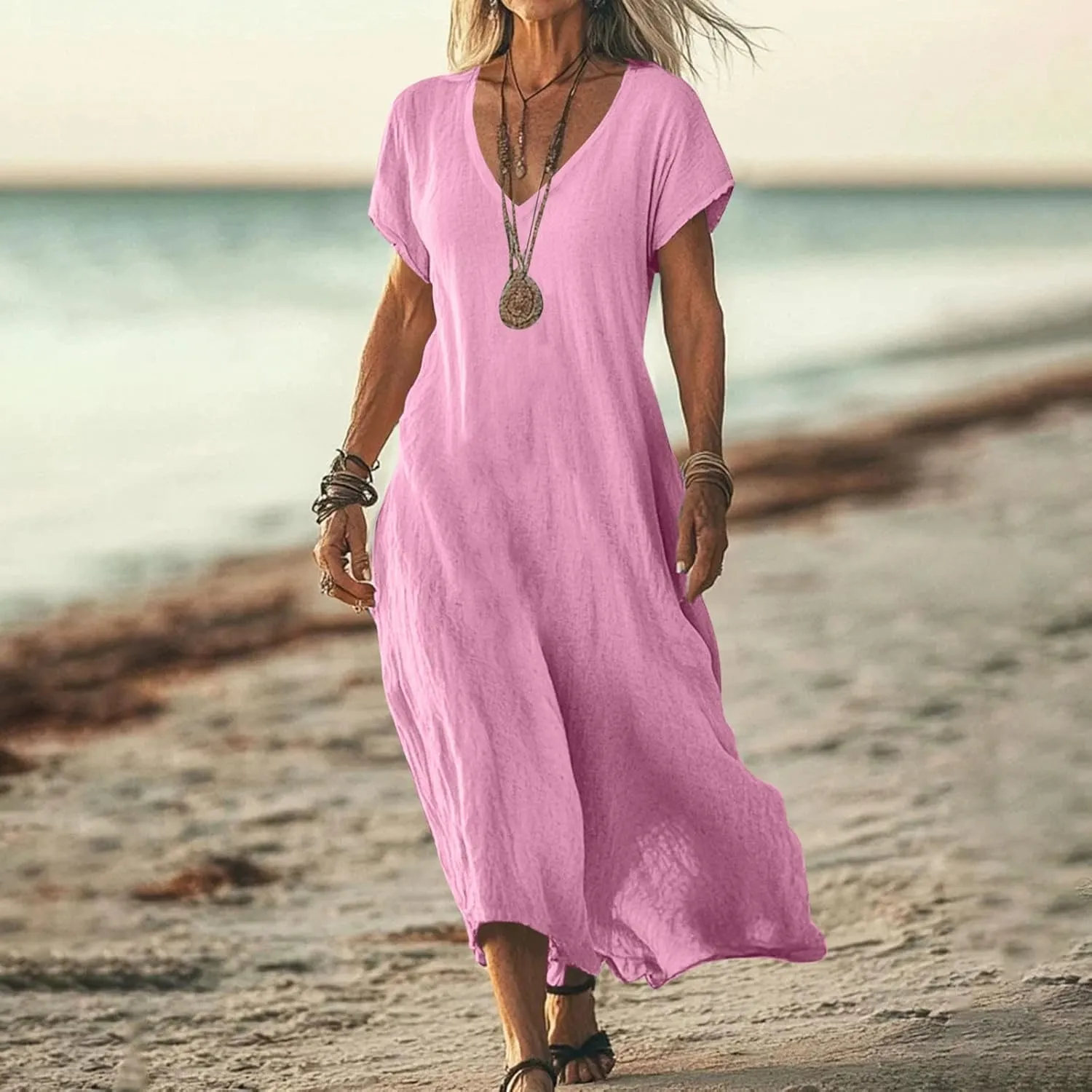 Women Cotton Linen Breathable Maxi Dress, Summer Casual Short Sleeve Flowy Beach Sundress Solid V-Neck Loose Dresses