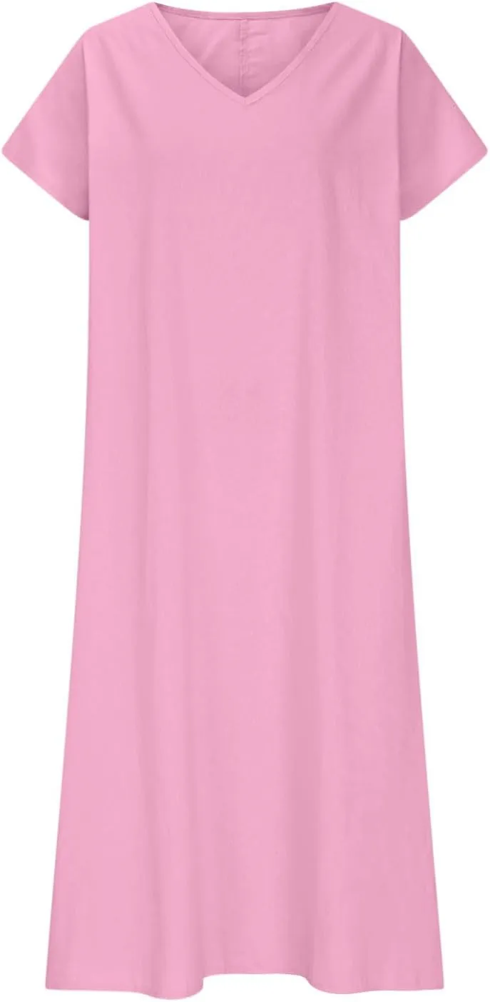Women Cotton Linen Breathable Maxi Dress, Summer Casual Short Sleeve Flowy Beach Sundress Solid V-Neck Loose Dresses