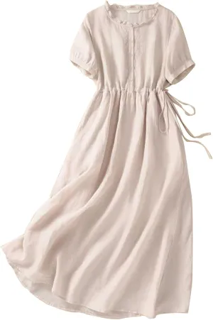Women Cotton Linen Korean Style Fashion A-Line Dresses Summer Half Sleeve Lace-Up Waist-Defined Floral Casual Dress