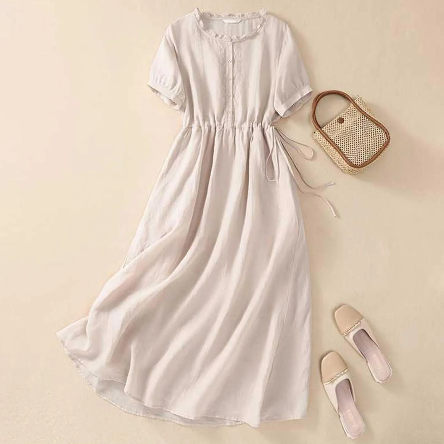 Women Cotton Linen Korean Style Fashion A-Line Dresses Summer Half Sleeve Lace-Up Waist-Defined Floral Casual Dress