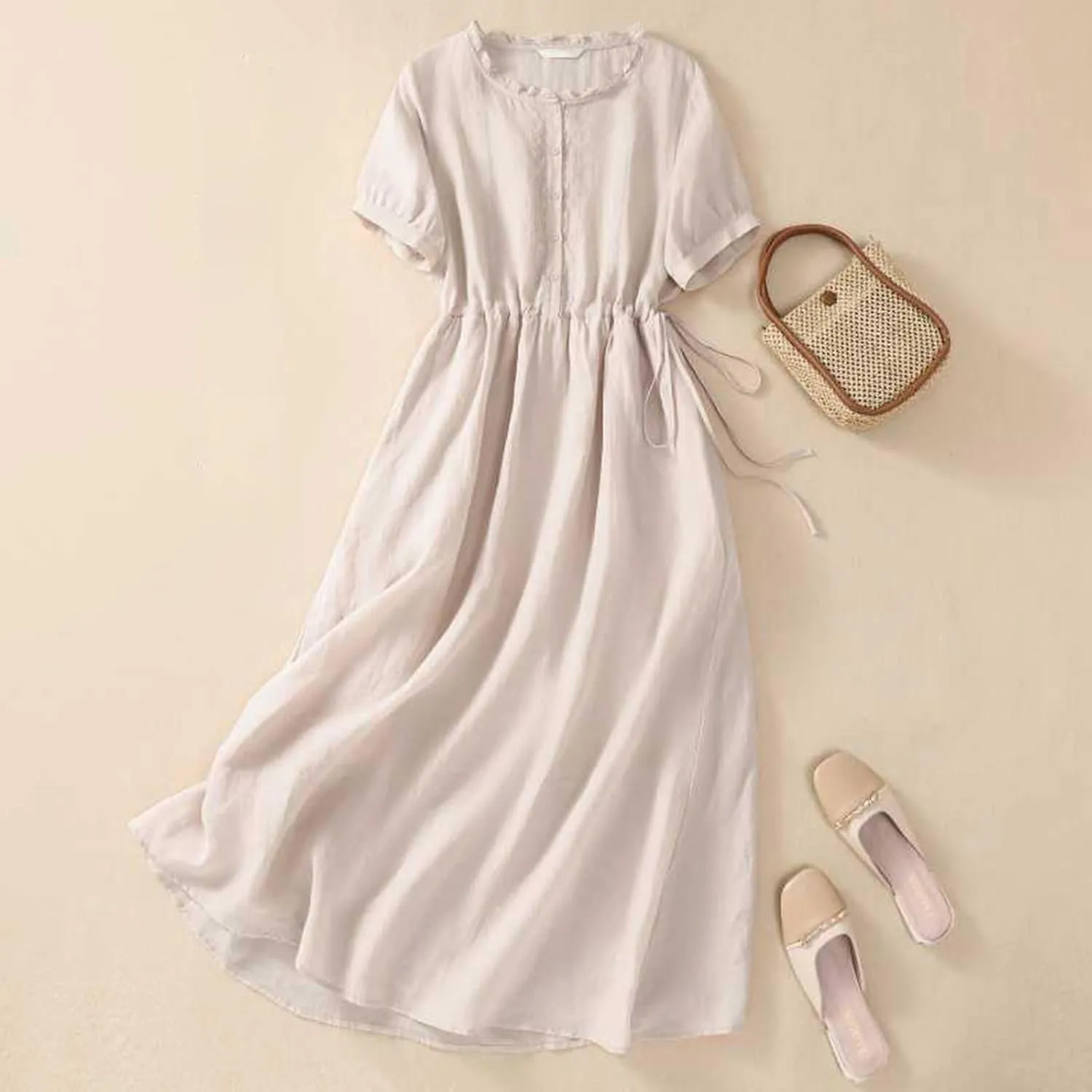 Women Cotton Linen Korean Style Fashion A-Line Dresses Summer Half Sleeve Lace-Up Waist-Defined Floral Casual Dress