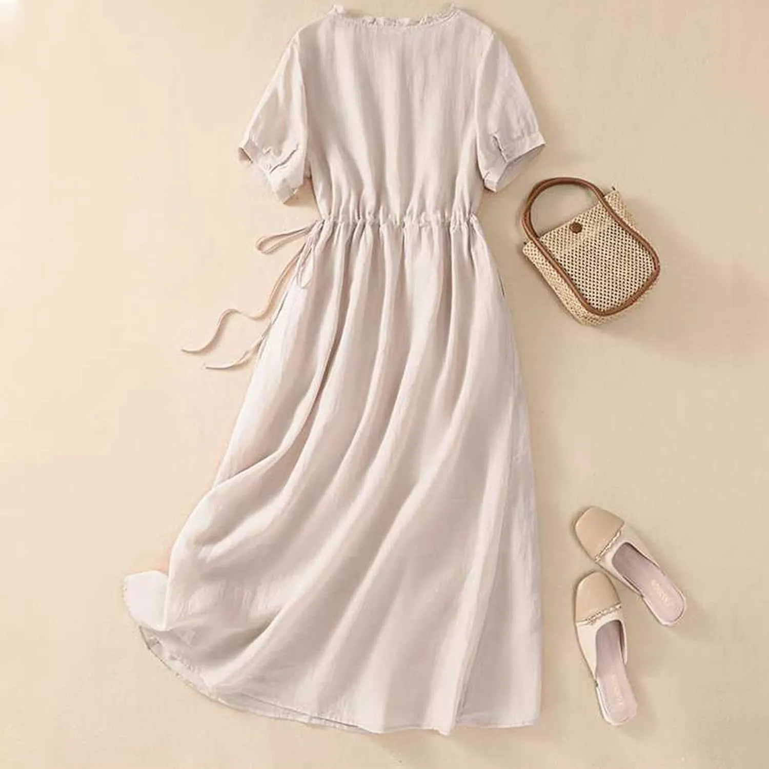 Women Cotton Linen Korean Style Fashion A-Line Dresses Summer Half Sleeve Lace-Up Waist-Defined Floral Casual Dress