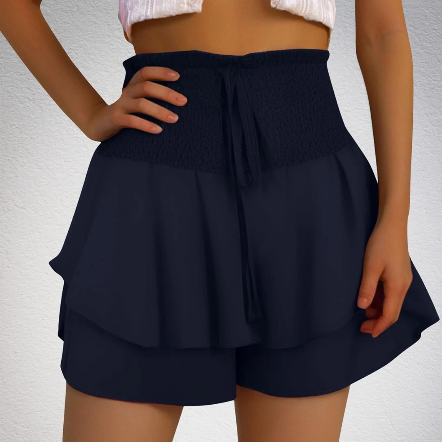 Women Flowy High Waisted Shorts Summer Casual Ruffle Double Layered Hem Skorts Smocked Waist Comfy Lounge Short Pants
