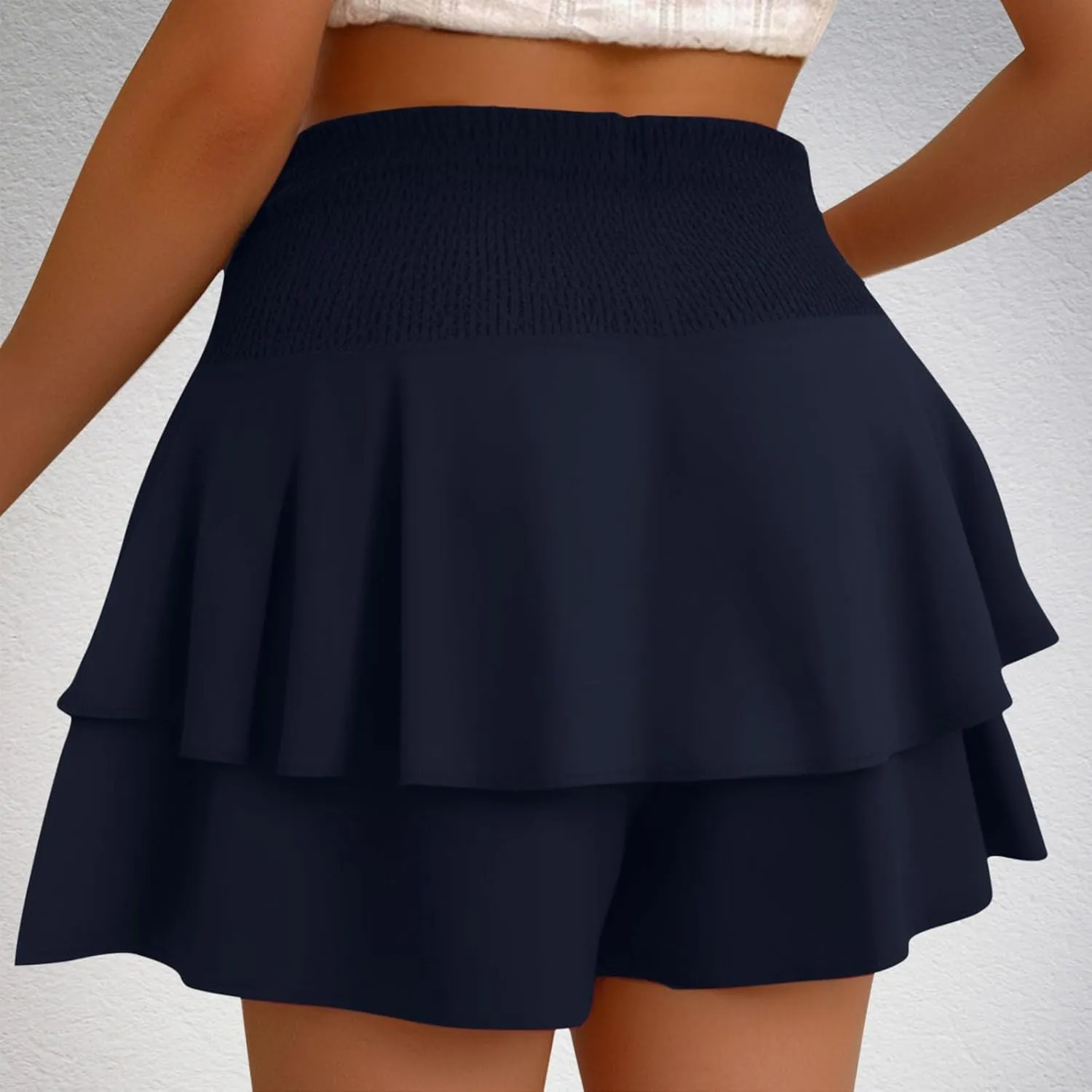 Women Flowy High Waisted Shorts Summer Casual Ruffle Double Layered Hem Skorts Smocked Waist Comfy Lounge Short Pants