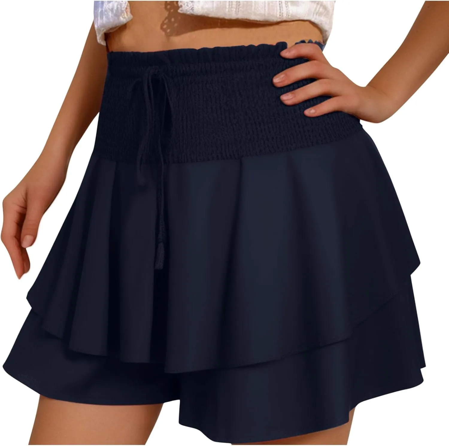 Women Flowy High Waisted Shorts Summer Casual Ruffle Double Layered Hem Skorts Smocked Waist Comfy Lounge Short Pants