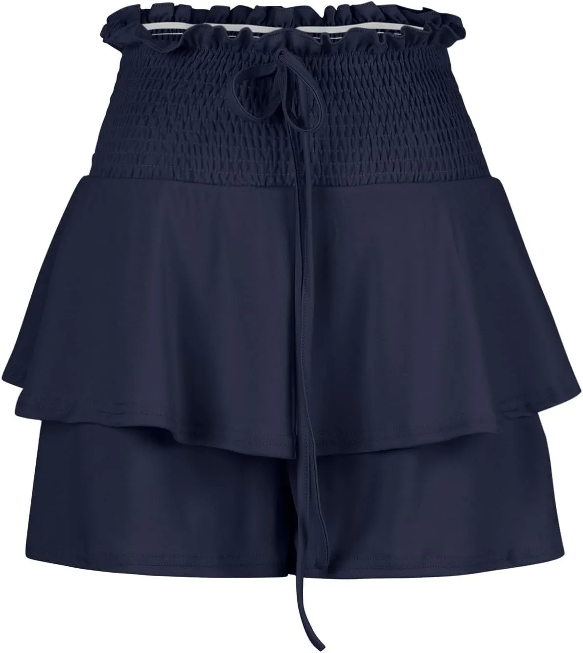 Women Flowy High Waisted Shorts Summer Casual Ruffle Double Layered Hem Skorts Smocked Waist Comfy Lounge Short Pants