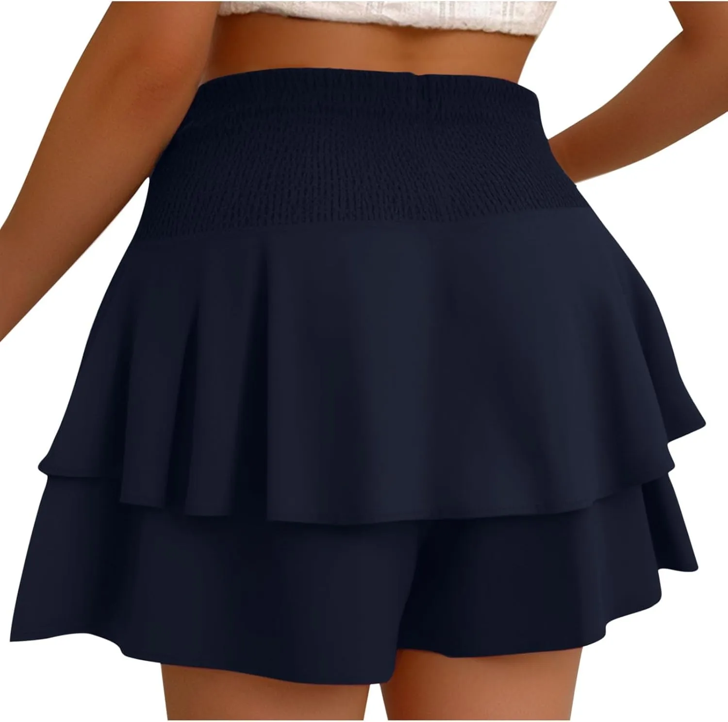 Women Flowy High Waisted Shorts Summer Casual Ruffle Double Layered Hem Skorts Smocked Waist Comfy Lounge Short Pants