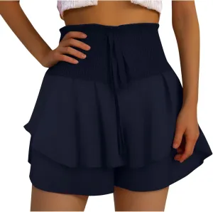 Women Flowy High Waisted Shorts Summer Casual Ruffle Double Layered Hem Skorts Smocked Waist Comfy Lounge Short Pants