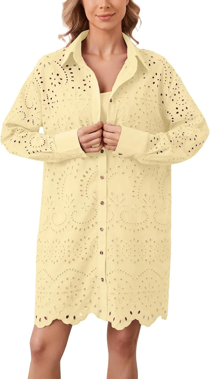 Women Hollow Out Eyelet Button Down Lapel V Neck Long Sleeve Ruffle Flowy Solid Oversized Loose Mini Shirt Dress