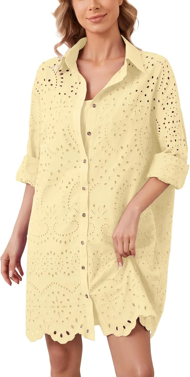 Women Hollow Out Eyelet Button Down Lapel V Neck Long Sleeve Ruffle Flowy Solid Oversized Loose Mini Shirt Dress