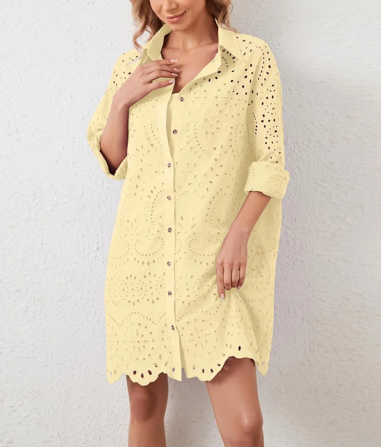 Women Hollow Out Eyelet Button Down Lapel V Neck Long Sleeve Ruffle Flowy Solid Oversized Loose Mini Shirt Dress