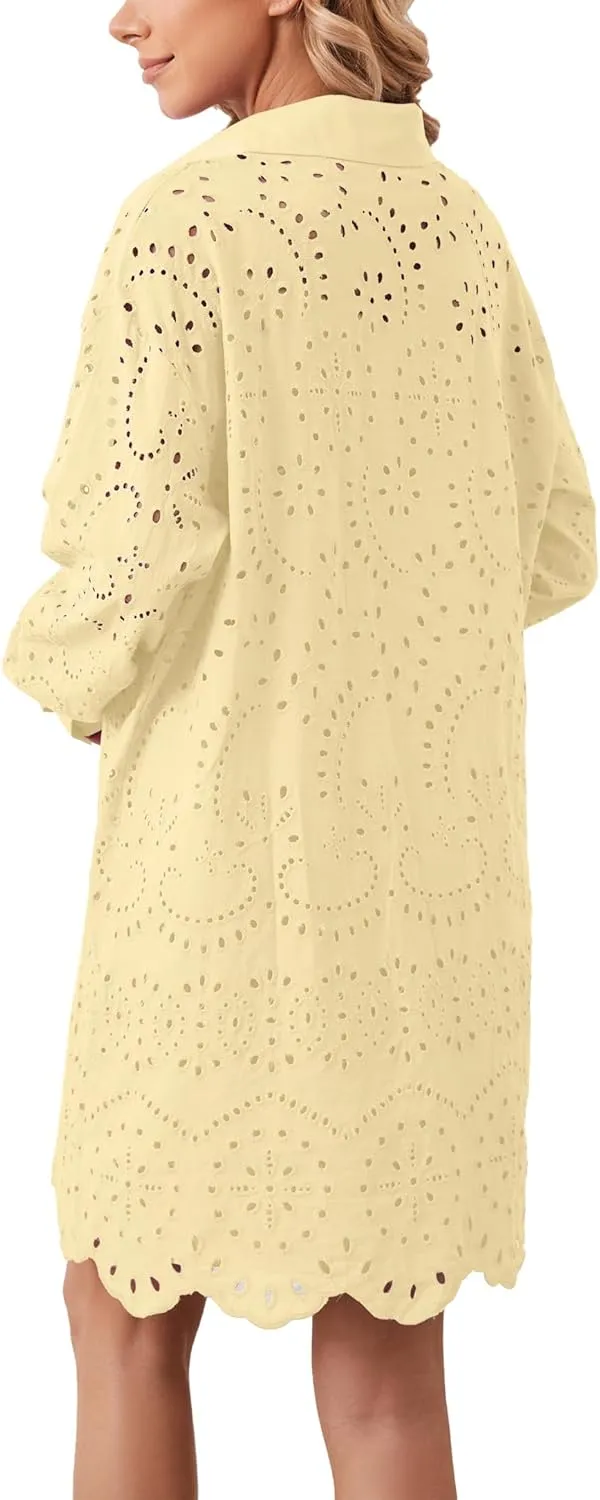 Women Hollow Out Eyelet Button Down Lapel V Neck Long Sleeve Ruffle Flowy Solid Oversized Loose Mini Shirt Dress