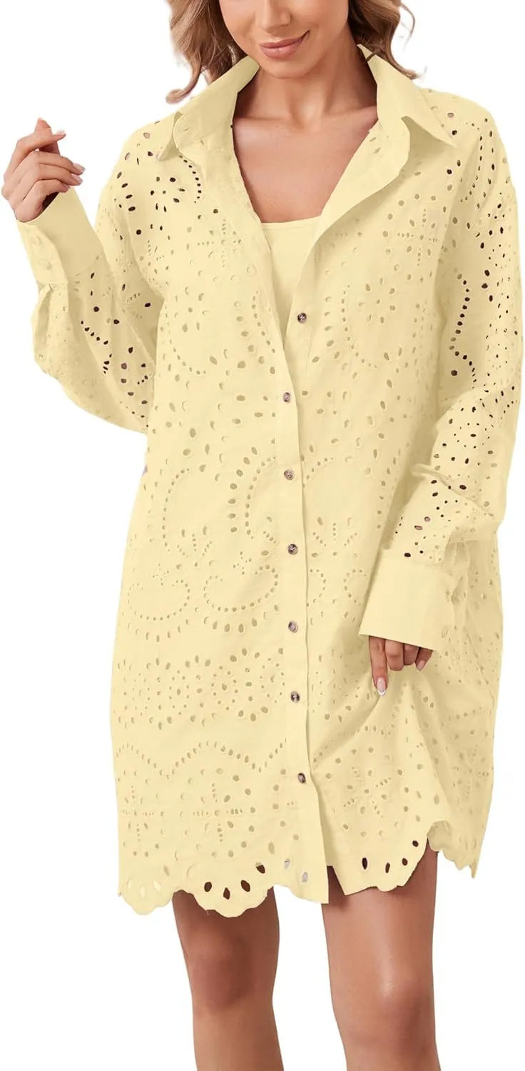 Women Hollow Out Eyelet Button Down Lapel V Neck Long Sleeve Ruffle Flowy Solid Oversized Loose Mini Shirt Dress