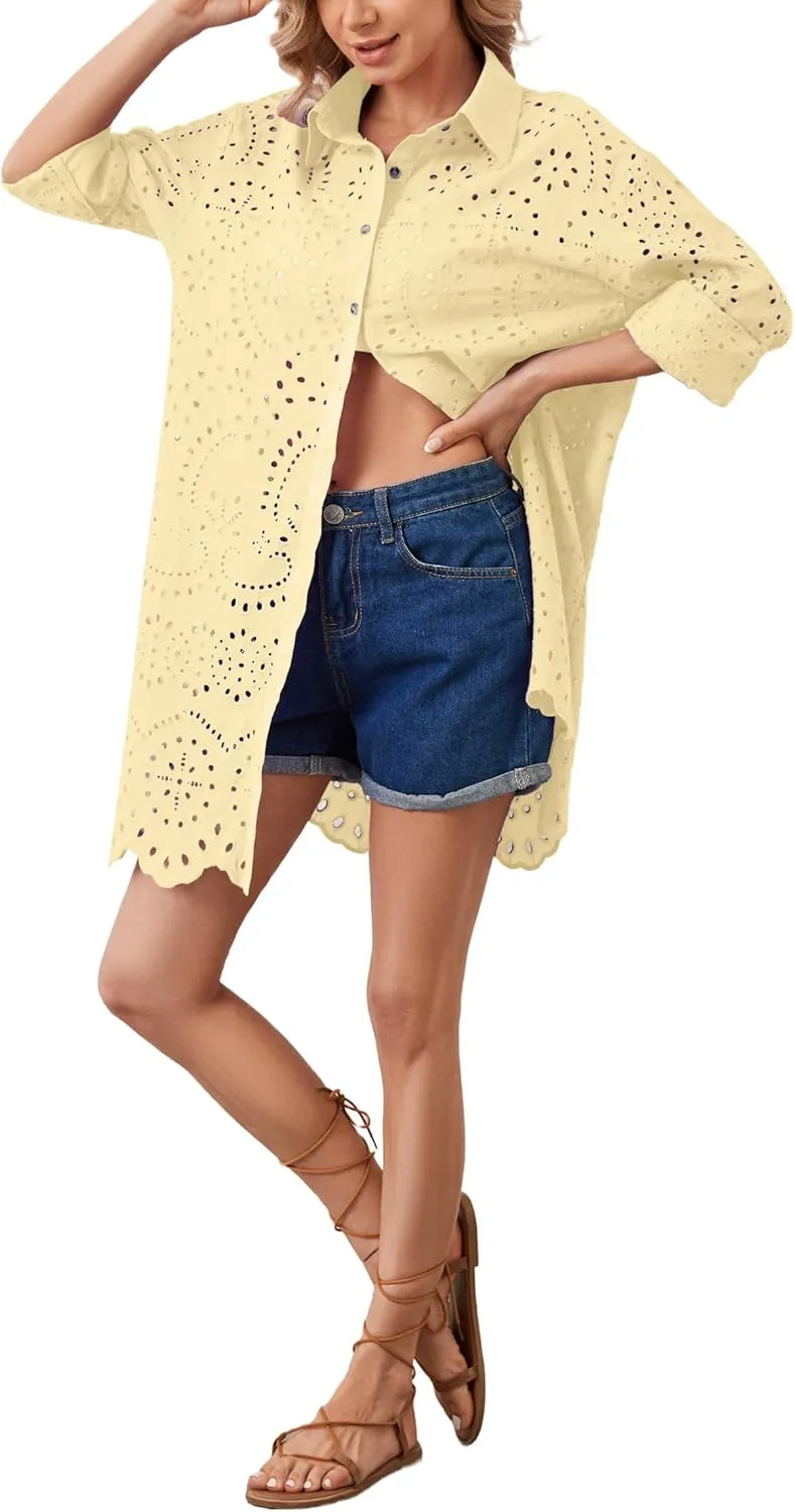 Women Hollow Out Eyelet Button Down Lapel V Neck Long Sleeve Ruffle Flowy Solid Oversized Loose Mini Shirt Dress