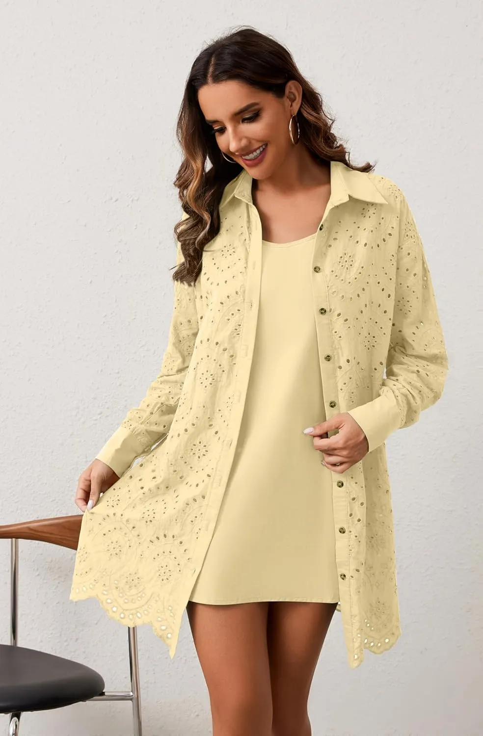 Women Hollow Out Eyelet Button Down Lapel V Neck Long Sleeve Ruffle Flowy Solid Oversized Loose Mini Shirt Dress