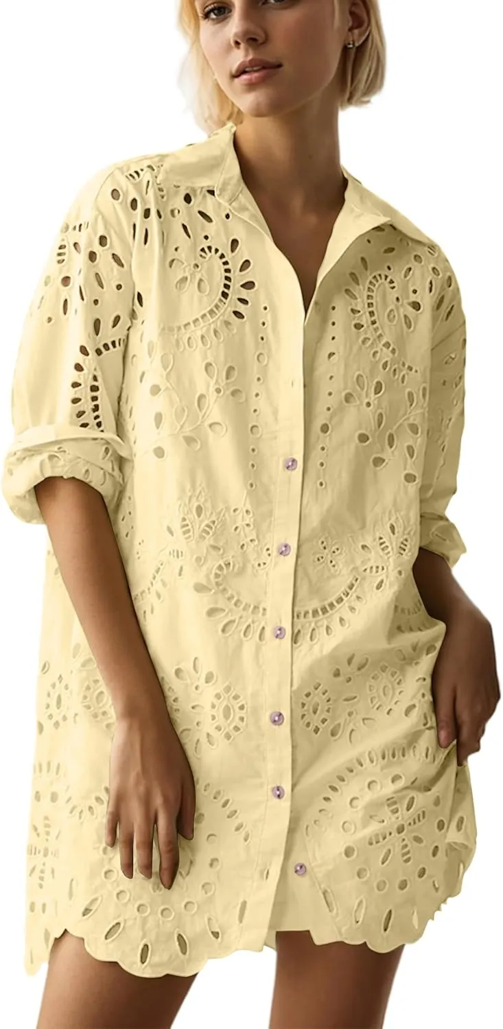 Women Hollow Out Eyelet Button Down Lapel V Neck Long Sleeve Ruffle Flowy Solid Oversized Loose Mini Shirt Dress