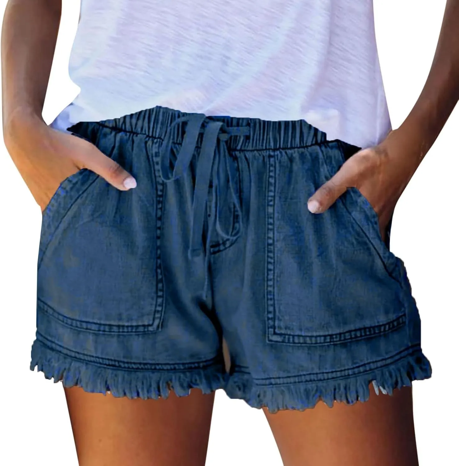 Women Jean Shorts Elastic Waist Drawstring Denim Shorts Summer Casual Raw Hem Distressed Jeans Short with Pockets