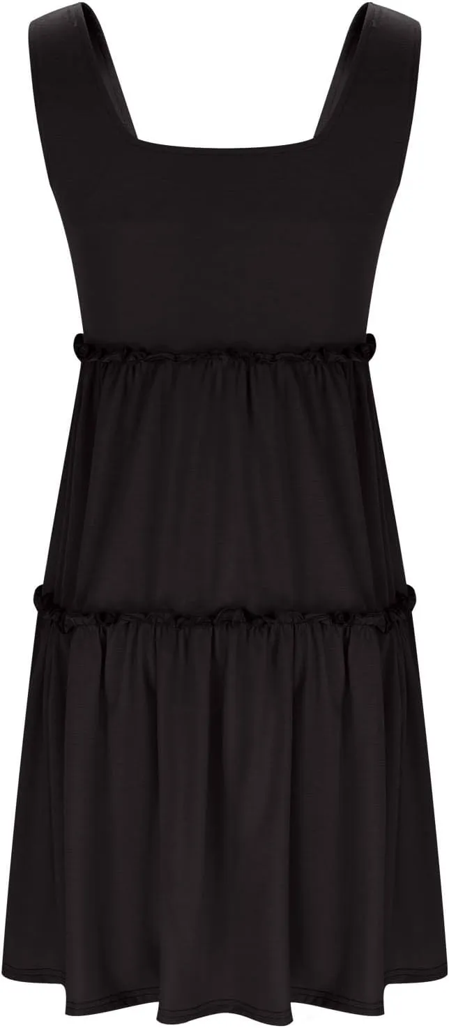 Women Layered Ruffle A-Line Sundress Summer Square Neck Sleeveless Flowy Tank Dress Casual Beach Vacation Mini Dress