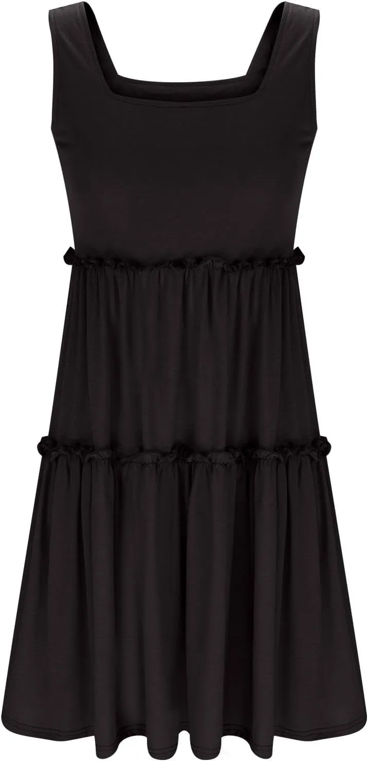 Women Layered Ruffle A-Line Sundress Summer Square Neck Sleeveless Flowy Tank Dress Casual Beach Vacation Mini Dress