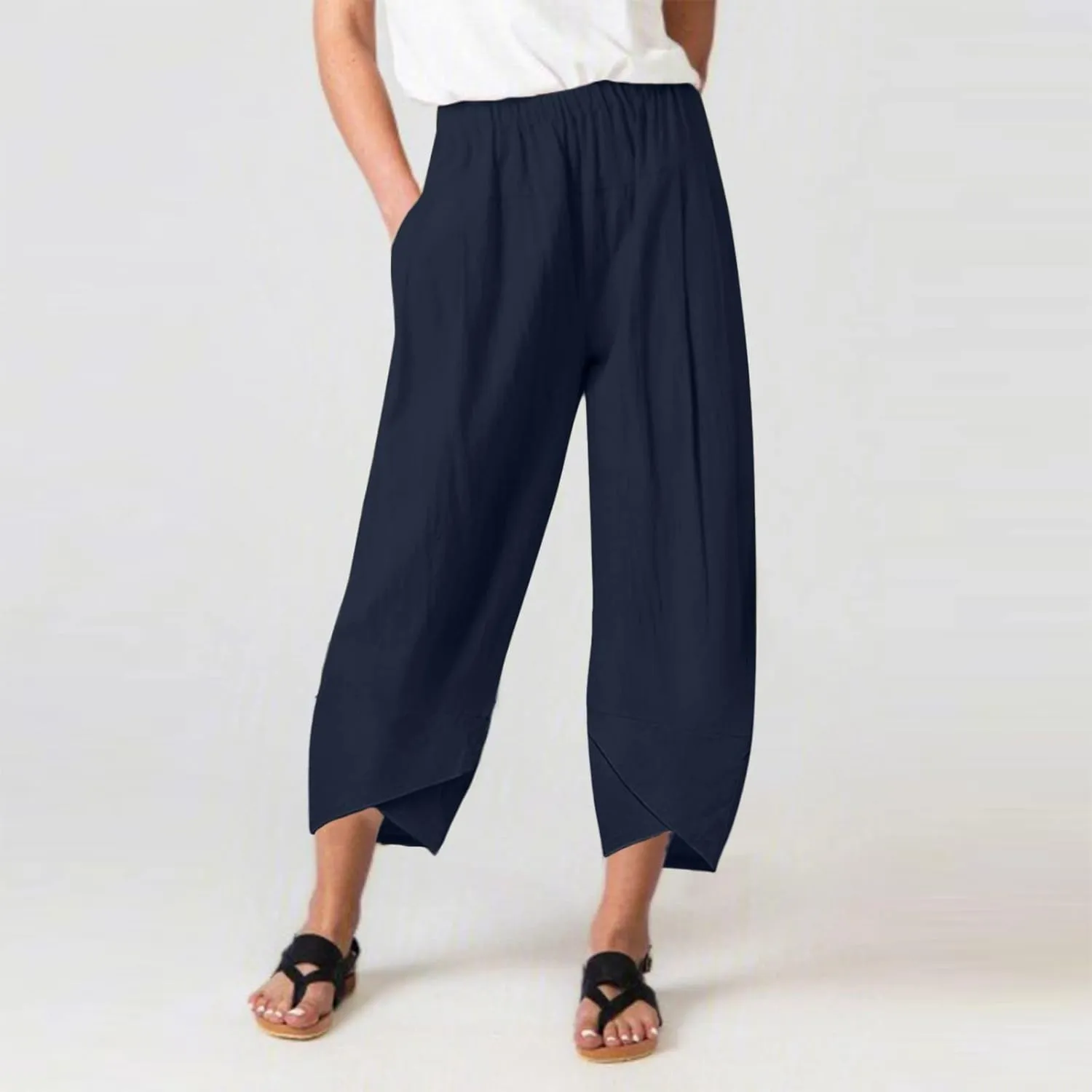 Women Linen Blend Summer Floral Palazzo Lounge Pants Elastic Waist Long Lounge Plus Size Trouser Work Business