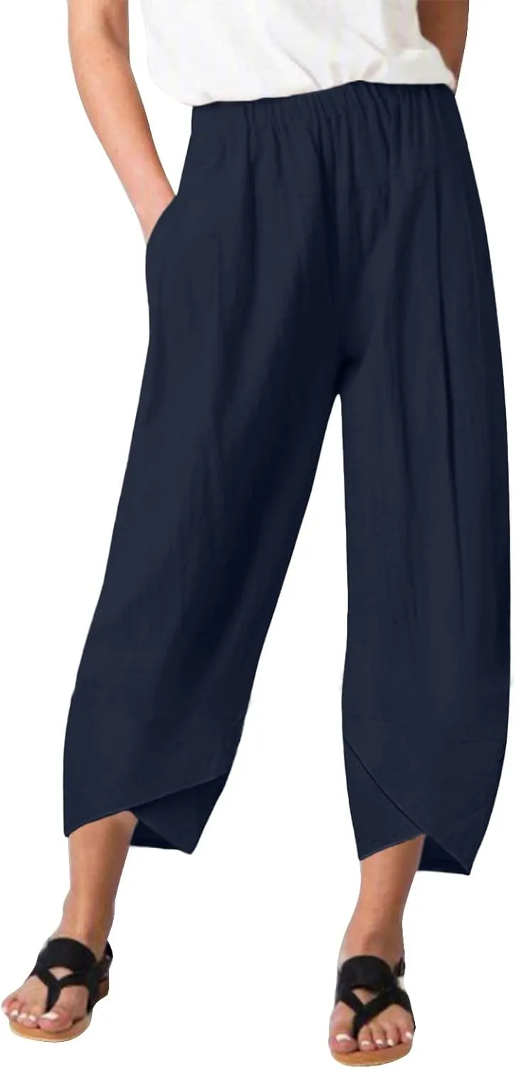 Women Linen Blend Summer Floral Palazzo Lounge Pants Elastic Waist Long Lounge Plus Size Trouser Work Business