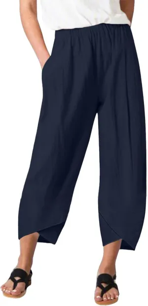 Women Linen Blend Summer Floral Palazzo Lounge Pants Elastic Waist Long Lounge Plus Size Trouser Work Business