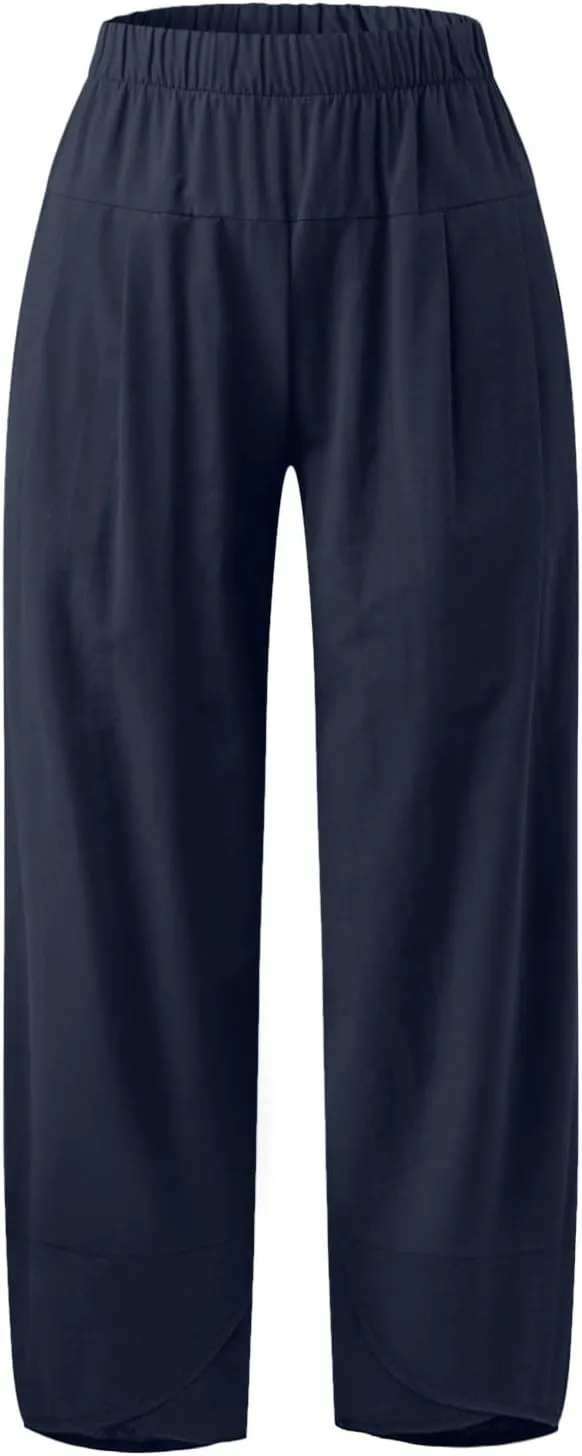 Women Linen Blend Summer Floral Palazzo Lounge Pants Elastic Waist Long Lounge Plus Size Trouser Work Business