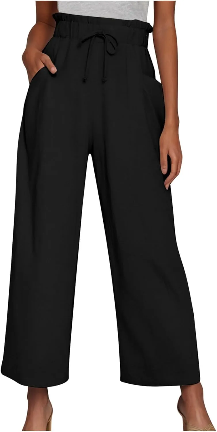 Women Linen Palazzo Pants High Waist Wide Leg Pant Casual Loose Elastic Waisted Holiday Vacation Trousers with Pocket