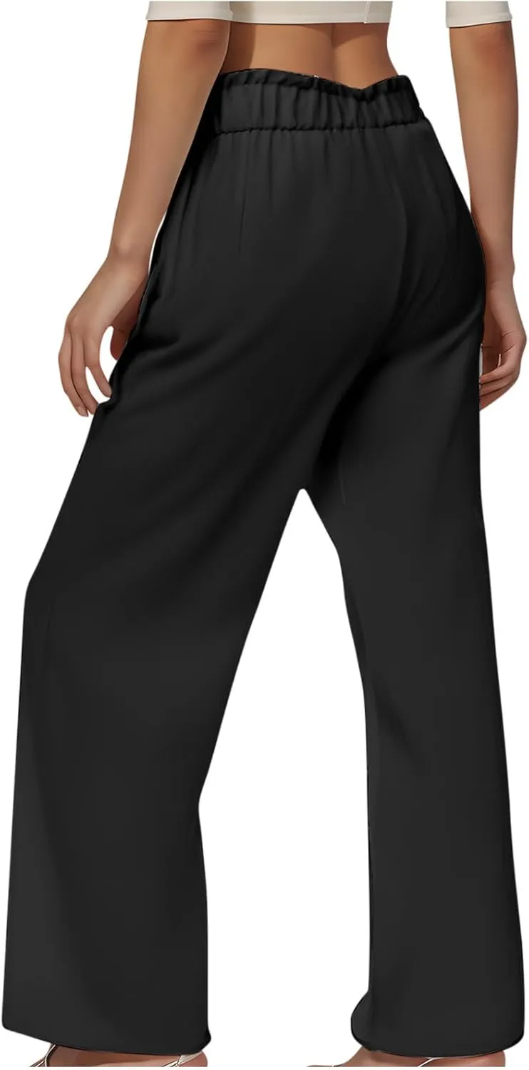 Women Linen Palazzo Pants High Waist Wide Leg Pant Casual Loose Elastic Waisted Holiday Vacation Trousers with Pocket