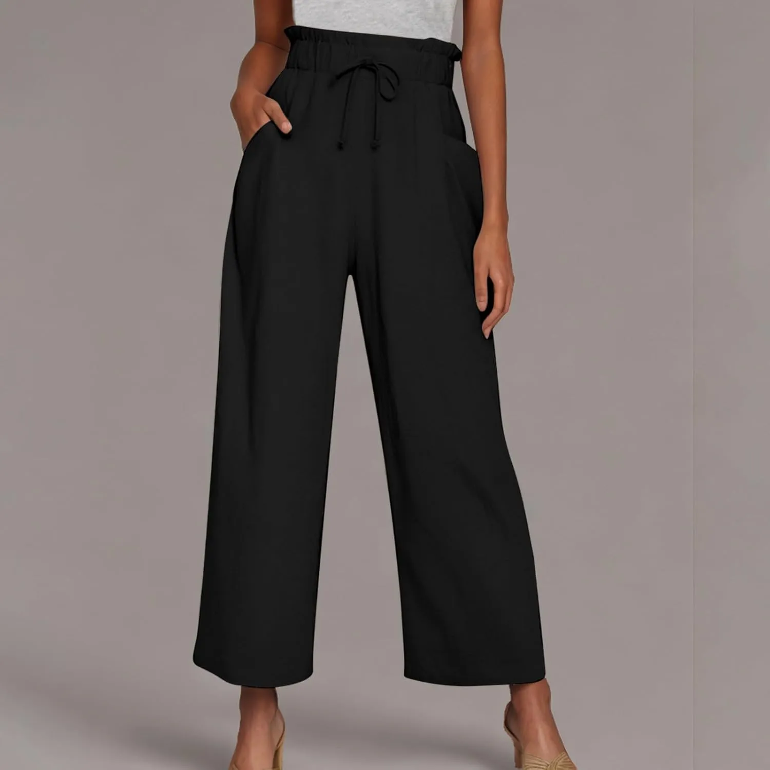Women Linen Palazzo Pants High Waist Wide Leg Pant Casual Loose Elastic Waisted Holiday Vacation Trousers with Pocket