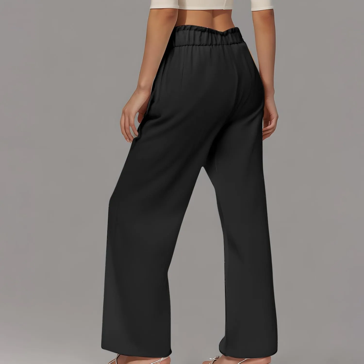 Women Linen Palazzo Pants High Waist Wide Leg Pant Casual Loose Elastic Waisted Holiday Vacation Trousers with Pocket