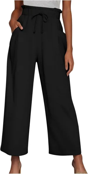 Women Linen Palazzo Pants High Waist Wide Leg Pant Casual Loose Elastic Waisted Holiday Vacation Trousers with Pocket
