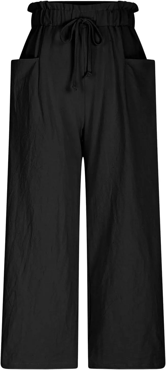 Women Linen Palazzo Pants High Waist Wide Leg Pant Casual Loose Elastic Waisted Holiday Vacation Trousers with Pocket