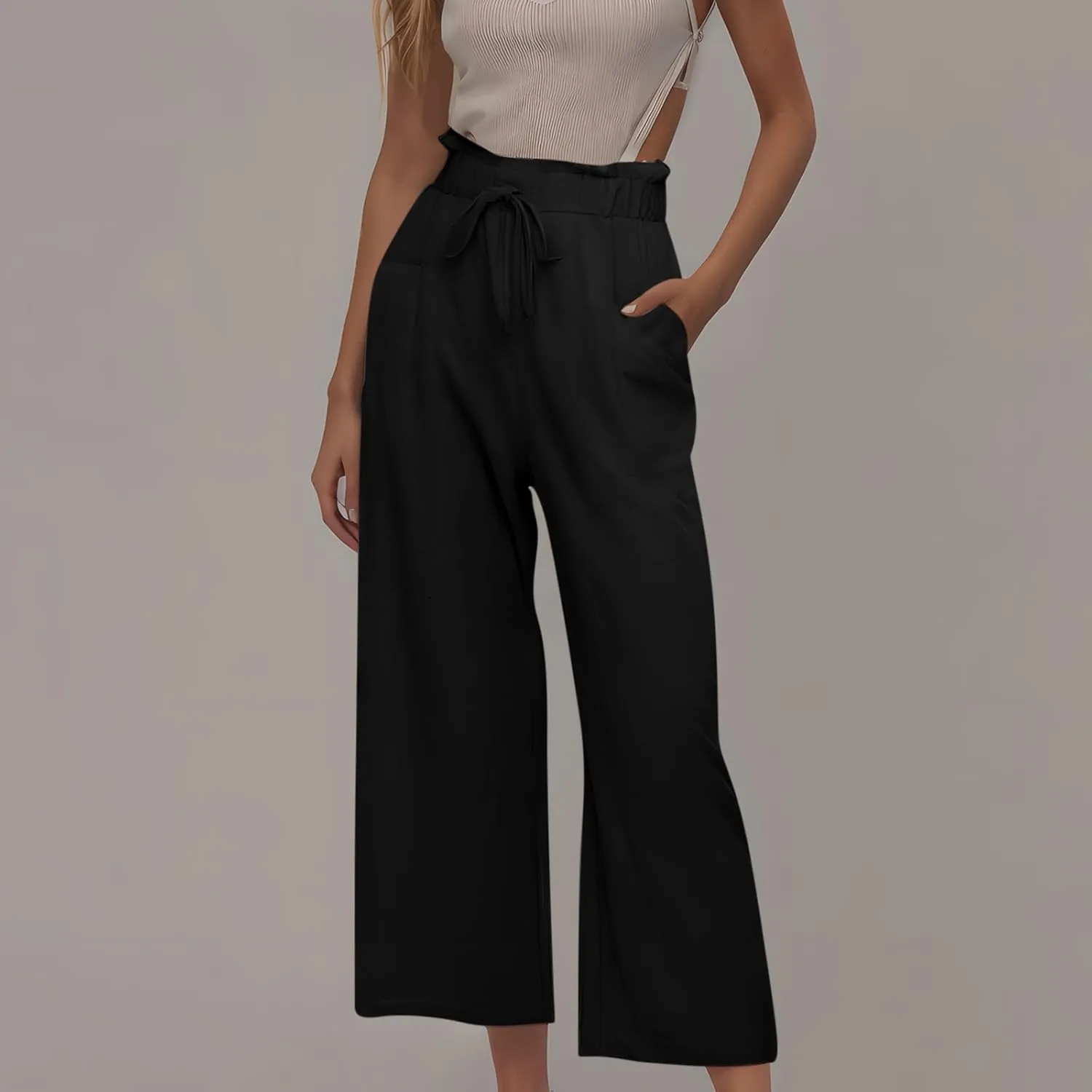 Women Linen Palazzo Pants High Waist Wide Leg Pant Casual Loose Elastic Waisted Holiday Vacation Trousers with Pocket