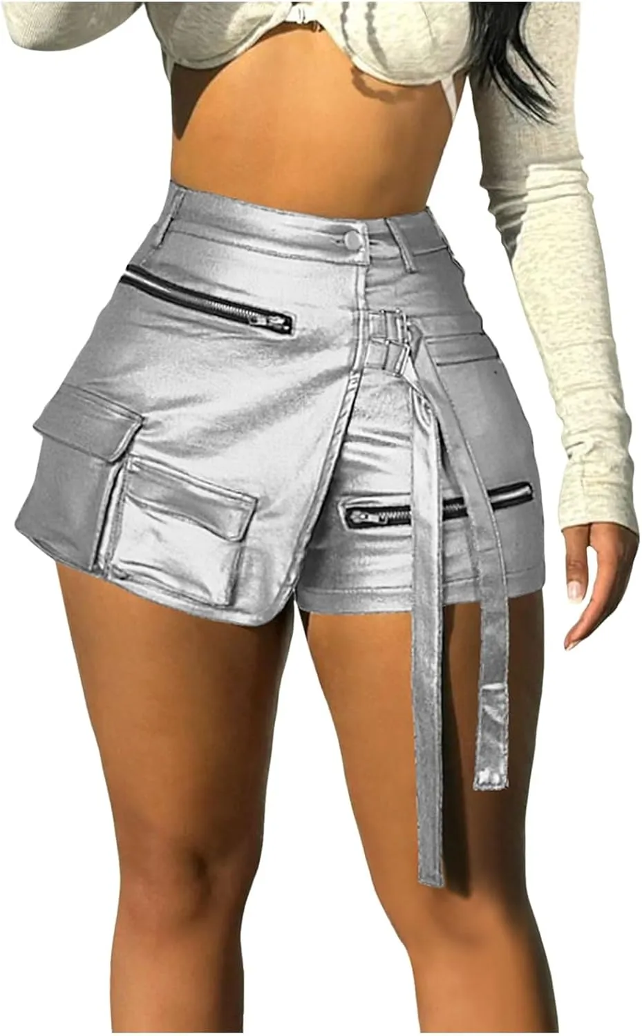 Women Metallic Cargo Leather Shorts Metallic High Waisted Irregular Split Sexy Rave Asymmetrical Streetwear Skorts