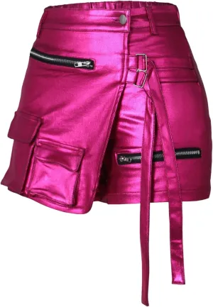 Women Metallic Cargo Leather Shorts Metallic High Waisted Irregular Split Sexy Rave Asymmetrical Streetwear Skorts