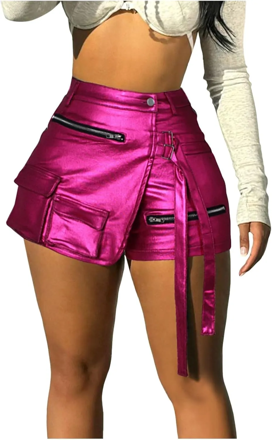 Women Metallic Cargo Leather Shorts Metallic High Waisted Irregular Split Sexy Rave Asymmetrical Streetwear Skorts