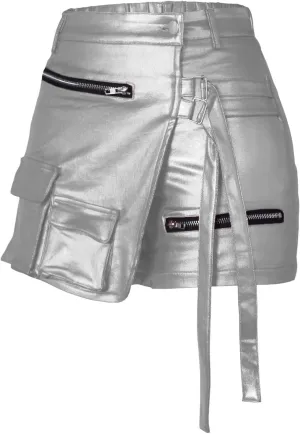 Women Metallic Cargo Leather Shorts Metallic High Waisted Irregular Split Sexy Rave Asymmetrical Streetwear Skorts