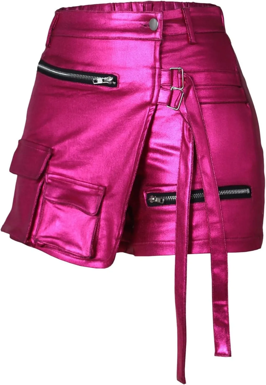 Women Metallic Cargo Leather Shorts Metallic High Waisted Irregular Split Sexy Rave Asymmetrical Streetwear Skorts