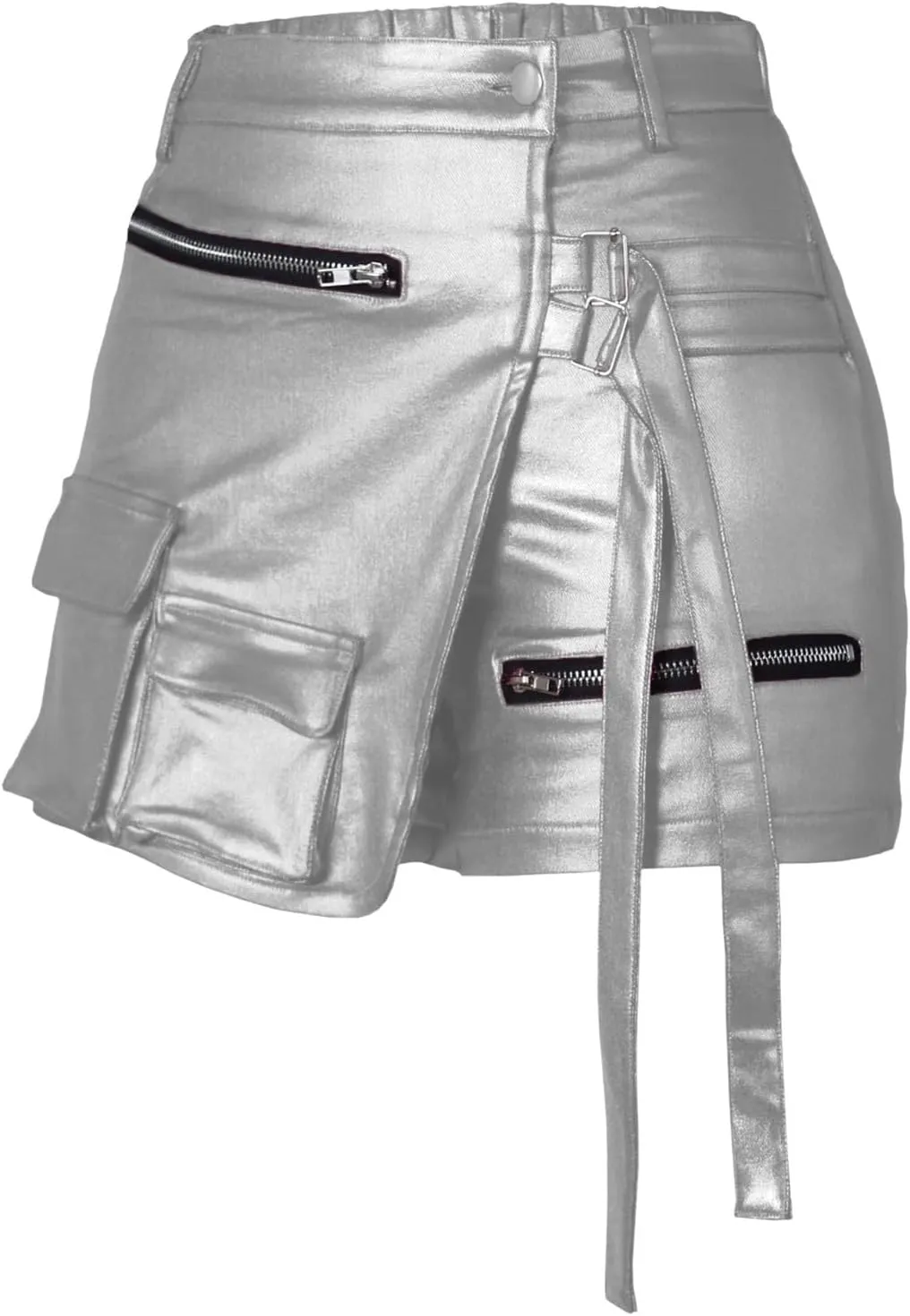 Women Metallic Cargo Leather Shorts Metallic High Waisted Irregular Split Sexy Rave Asymmetrical Streetwear Skorts