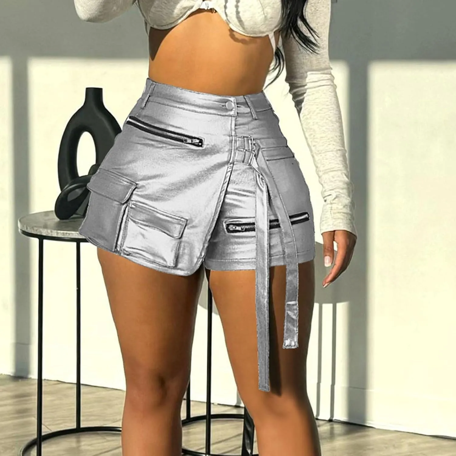 Women Metallic Cargo Leather Shorts Metallic High Waisted Irregular Split Sexy Rave Asymmetrical Streetwear Skorts