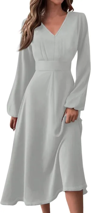 Women Midi Dress Casual 2025 A-Line High Waist V Neck Ruffle Belted Boho Dresses Long Sleeve Pleated Flowy Dressy Dresses