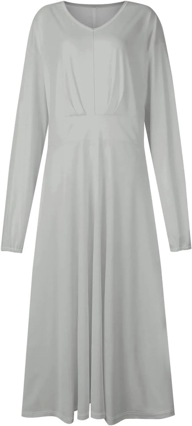 Women Midi Dress Casual 2025 A-Line High Waist V Neck Ruffle Belted Boho Dresses Long Sleeve Pleated Flowy Dressy Dresses