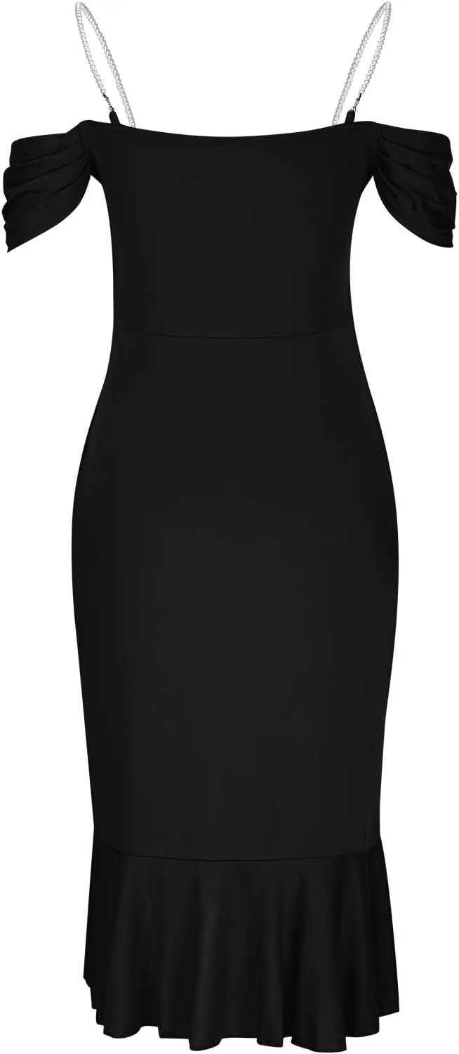 Women Off Shoulder Pearl Strap Mermaid Midi Dress, Solid Color Ruched Slim Elegant Prom Clothes Cocktail Casual Dresses