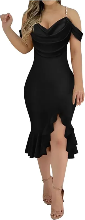 Women Off Shoulder Pearl Strap Mermaid Midi Dress, Solid Color Ruched Slim Elegant Prom Clothes Cocktail Casual Dresses