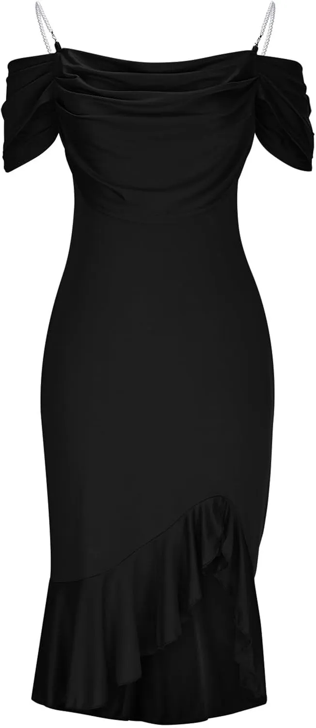 Women Off Shoulder Pearl Strap Mermaid Midi Dress, Solid Color Ruched Slim Elegant Prom Clothes Cocktail Casual Dresses