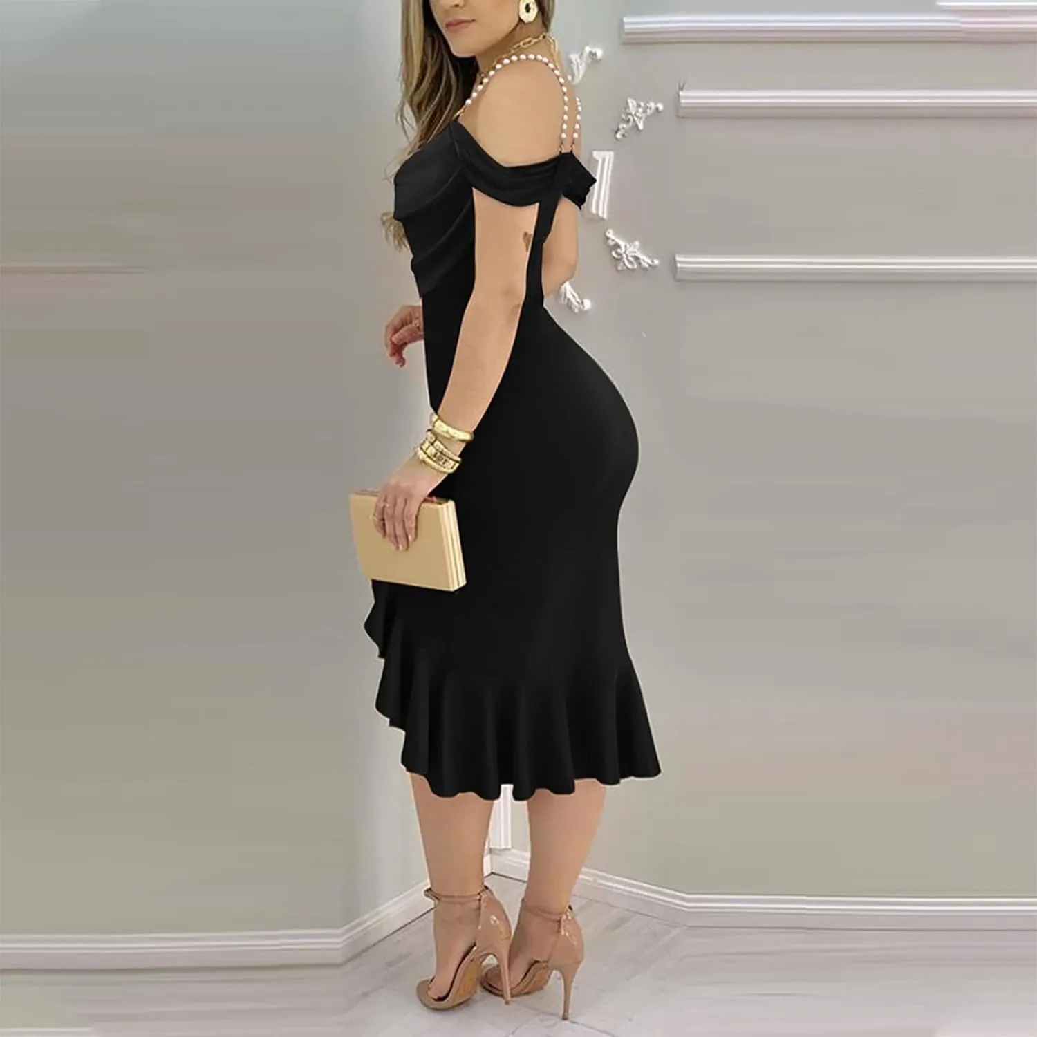 Women Off Shoulder Pearl Strap Mermaid Midi Dress, Solid Color Ruched Slim Elegant Prom Clothes Cocktail Casual Dresses