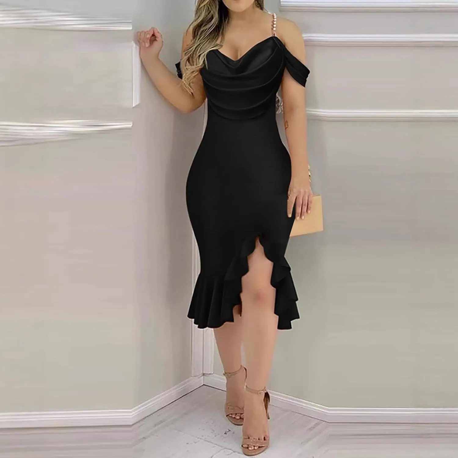 Women Off Shoulder Pearl Strap Mermaid Midi Dress, Solid Color Ruched Slim Elegant Prom Clothes Cocktail Casual Dresses