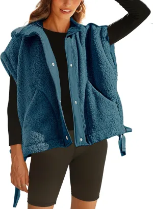 Women Oversized Fleece Vest Trendy Sleeveless Button Down Fuzzy Sherpa Jacket Winter Warm Outerwear Vest with Pockets