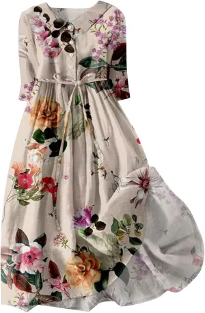 Women Retro Boho Floral Print Cotton Linen Dress Lapel Button 3/4 Sleeve Casual Midi Shirt Dresses Summer Pleated Dress